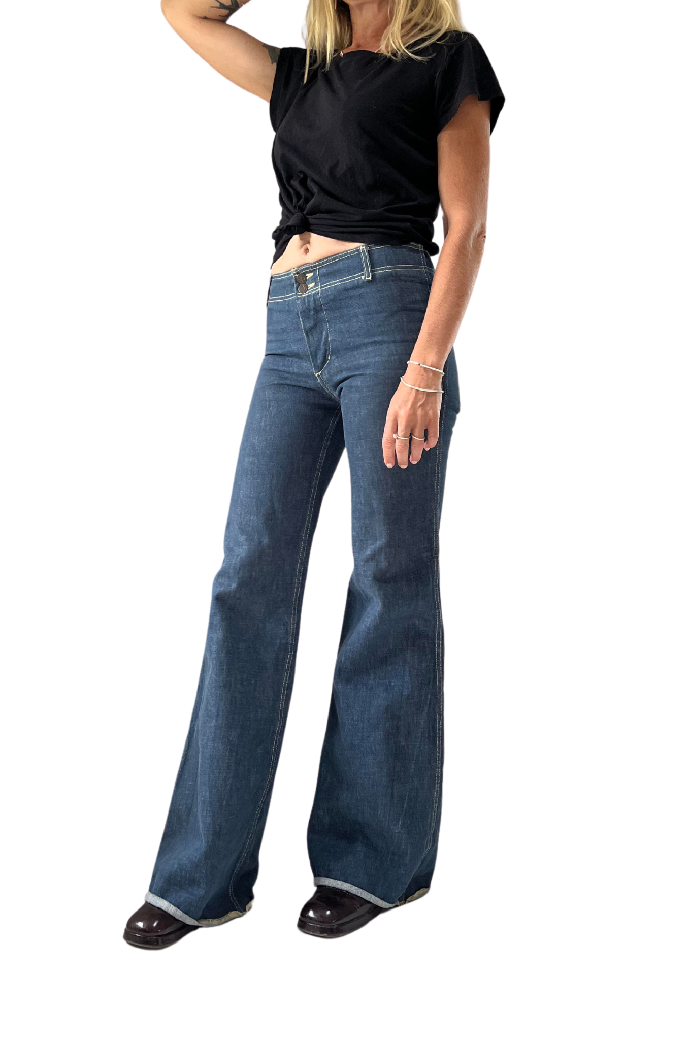 Vintage Gul & Blå jeans- 70s/Y2K- low waist flare legs- Sz W30