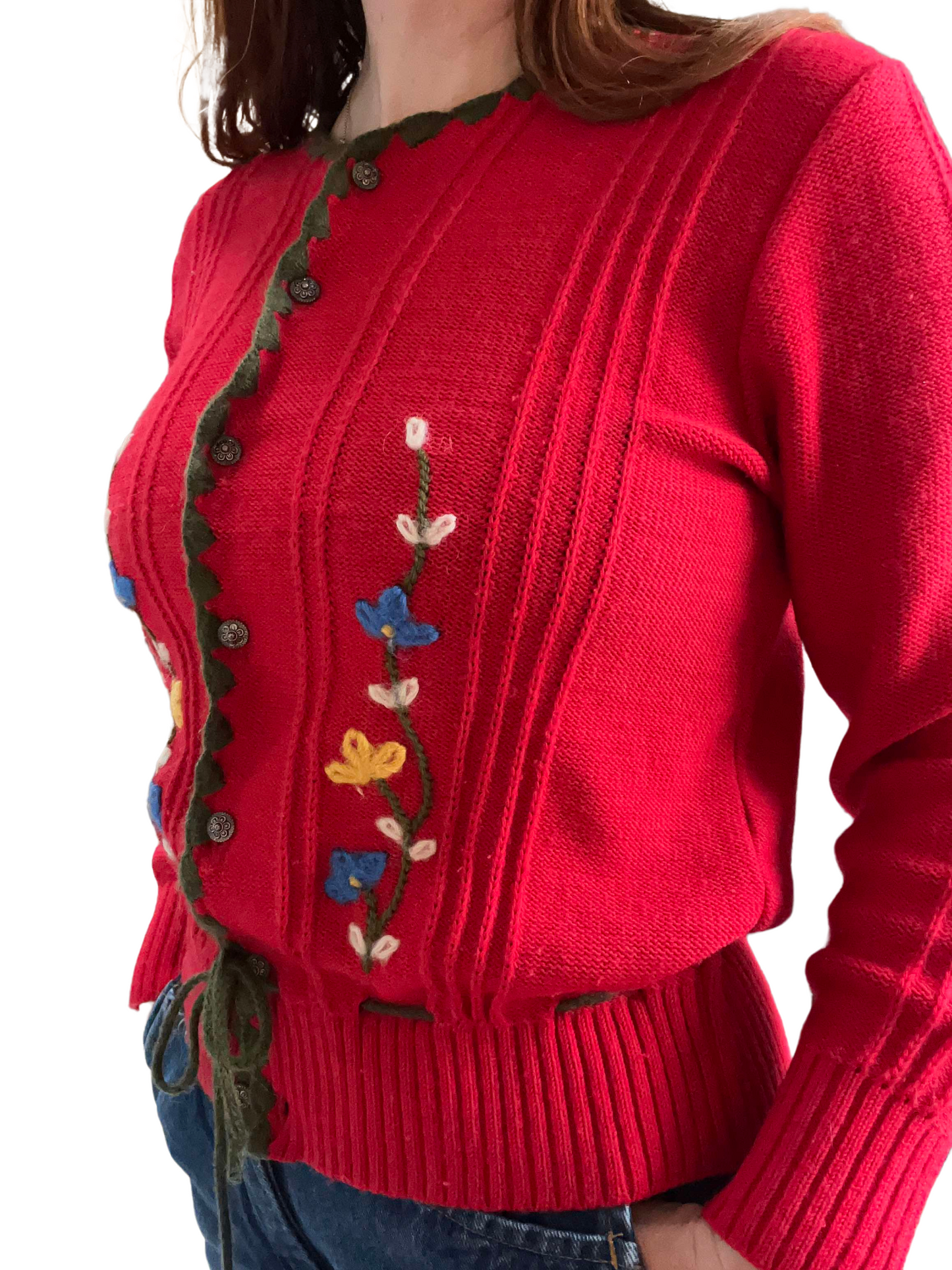 Vintage Austrian cardigan folklore trachten floral red