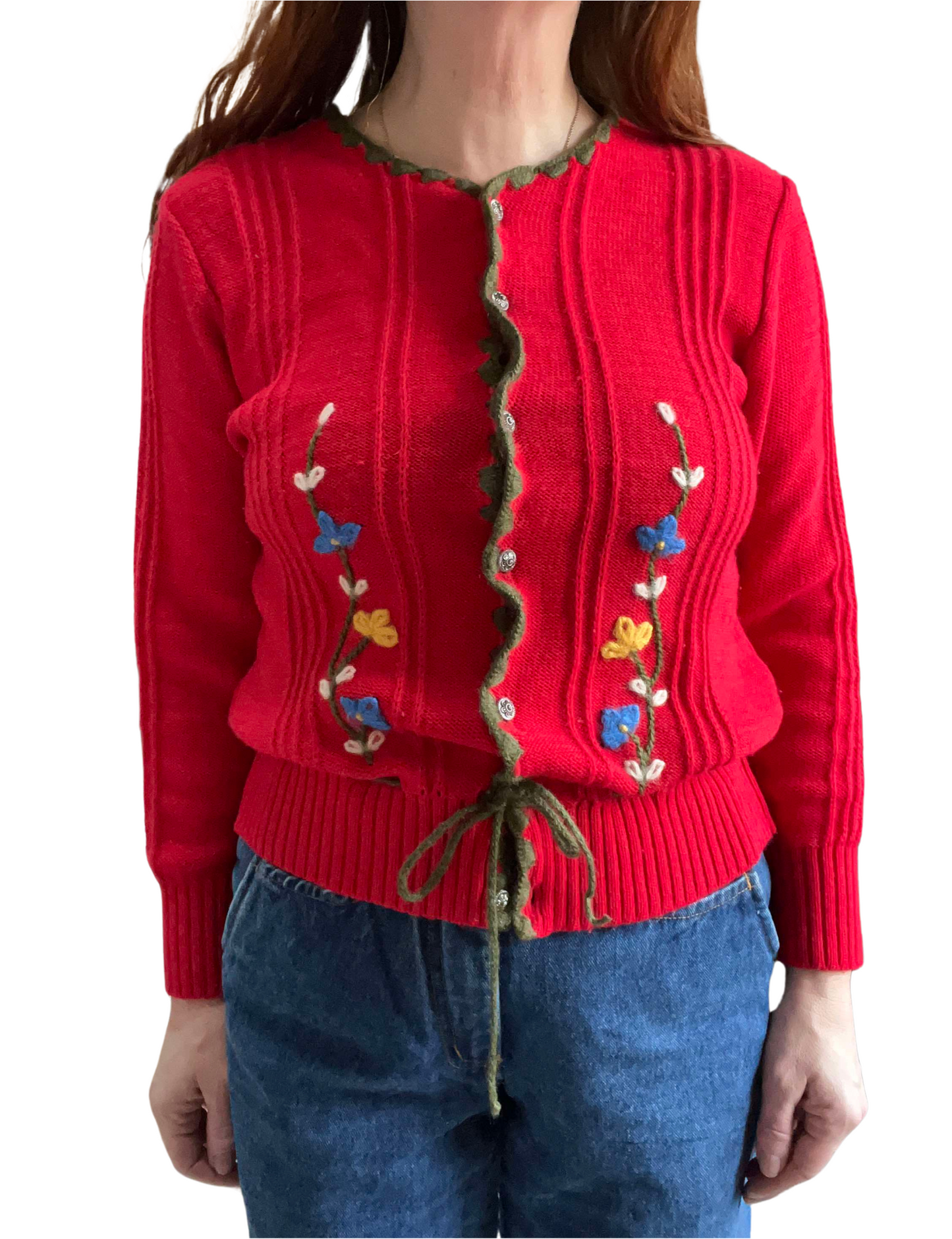 Vintage Austrian cardigan folklore trachten floral red